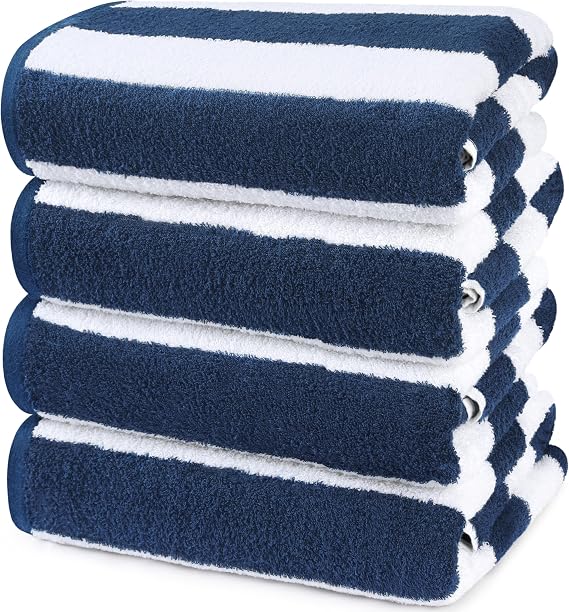Utopia Towels Cabana Beach Towels, 4 Pack, 30x60 in, Cotton, Striped, Navy