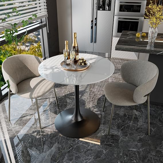 Sintered Stone Coffee Bar Table: Round 31" Modern Kitchen Dining Tables High Gloss White Marble Top with Black Round Pedestal Base for Home Coffee Shop Restaurant