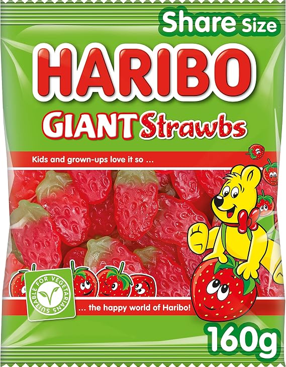 HARIBO Giant Strawbs – Fruity and Chewy Gummy Strawberries – 160g Share Size