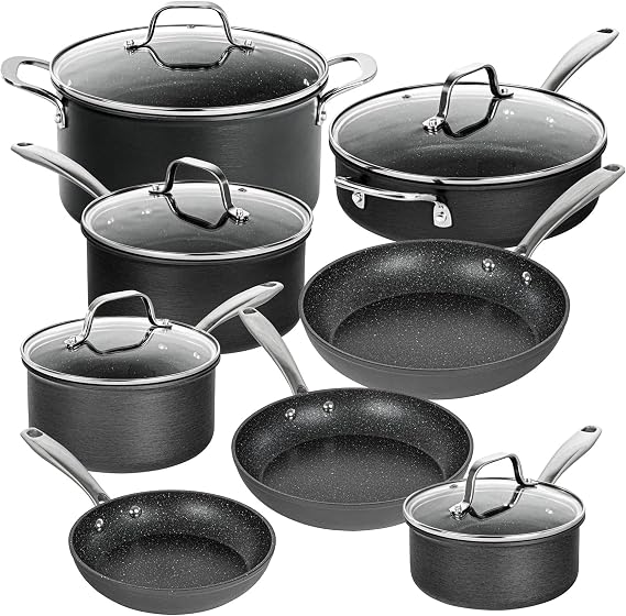 Granitestone Pro – Harteloxierte Töpfe und Pfannen 13-teiliges Premium-Kochgeschirr-Set mit ultimativer Antihaftbeschichtung Diamant- und Mineralbeschichtung ofen- und spülmaschinenfest schwarz