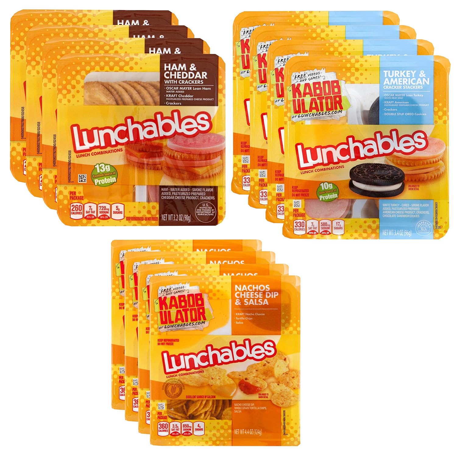 Oscar Mayer Lunch time Party Pack - 4 Lunchables Ham and Cheddar Cheese - 4 Turkey and American Cheese Cracker Stacker - 4 Oscar Mayer Lunchable Cheese Dip and Salsa Nacho- 1 Pack 4 of each 12 total