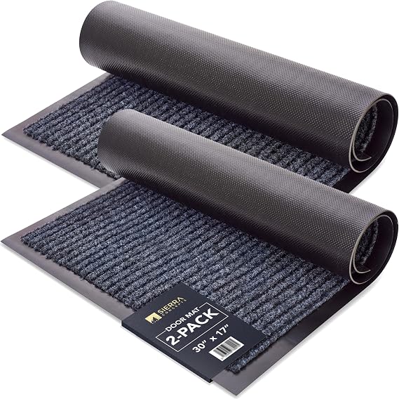 Front Door Mat, Indoor Outdoor Welcome Entryway Doormat, 30x17 Steel Gray | 2-Pack low-profile muddy doormats trap dirt, mud & moisture from shoes & pet paws for inside outside porch, patio & entryways