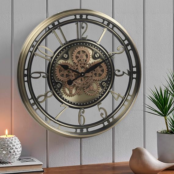 CLXEAST 28" Oversized Moving Gear Wall Clock for Living Room Decor, Gold