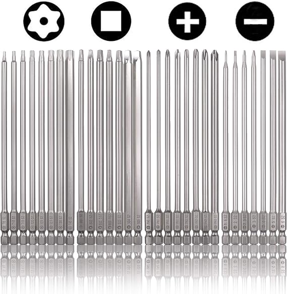 Rocaris 30 Pack 1/4 Inch Hex Shank Long Magnetic Screwdriver Bits Set | 6 Inch Power Tools(Slotted+Cross+Square +Torx)