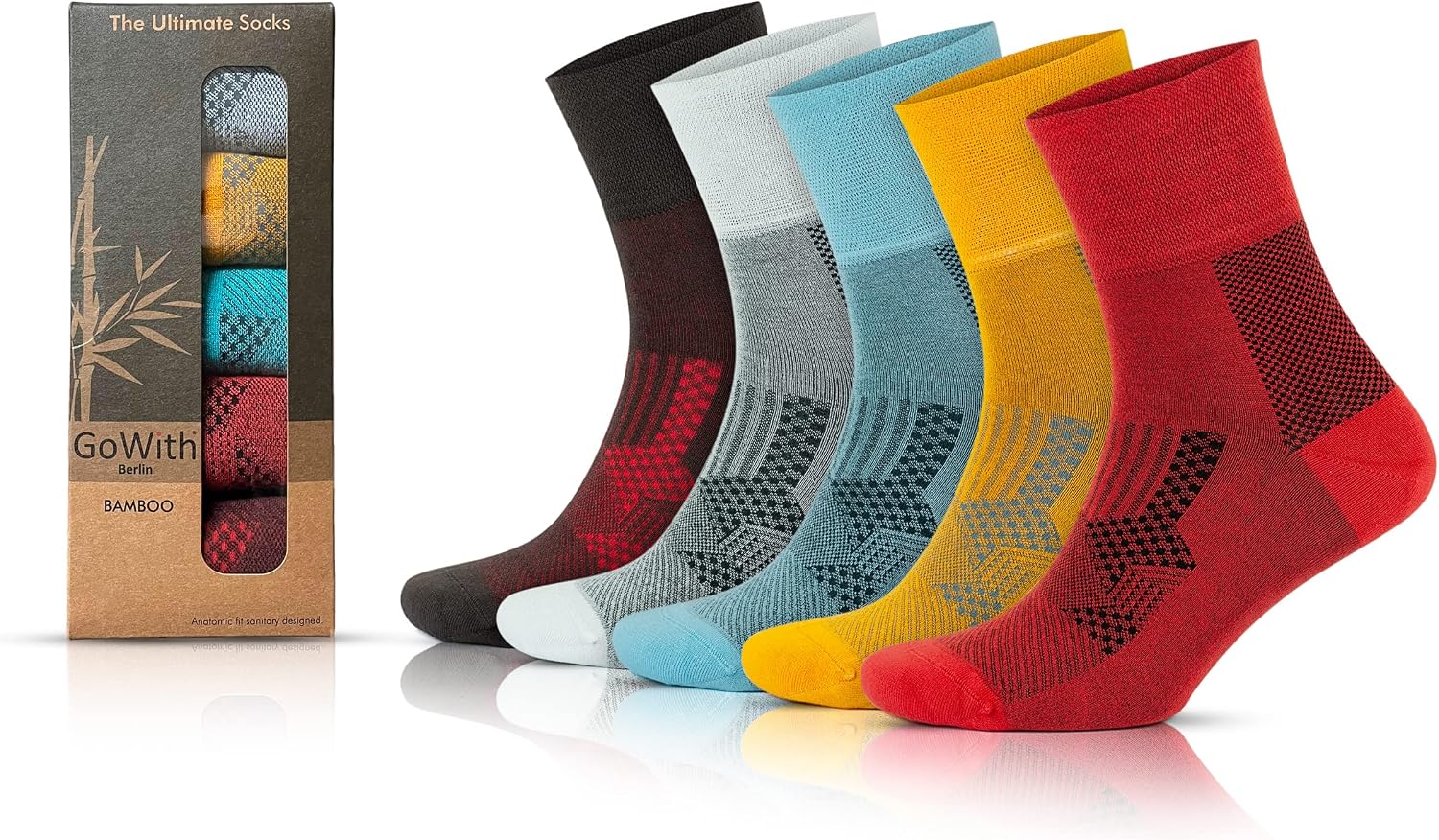 GoWith 5-Piece Bamboo Color Washed Seamless Rubberless Flexible Foot Tightening Box Womens and Mens Socks 3065