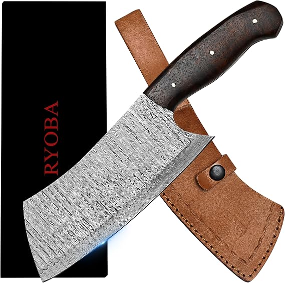 RYOBA Cleaver Knife, Butcher Knife, Meat knife, Cleaver Chef knife, Meat Cleaver Knife, 7 Inch Damascus Meat Cleaver Butcher Knive For Meat Cutting With Pakkawood Handle & Leather Sheath