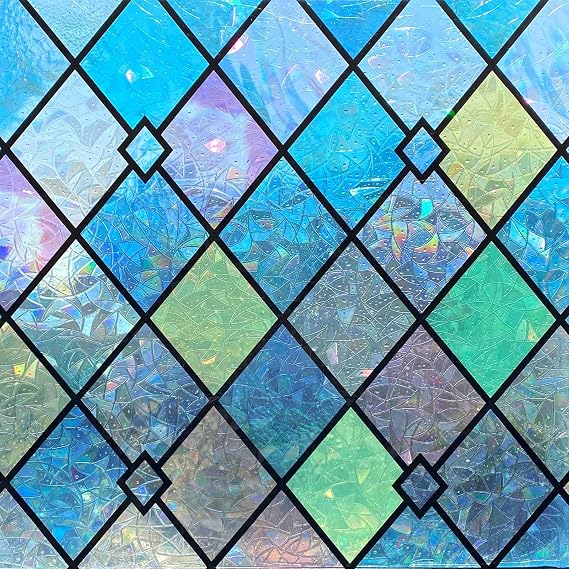 Jahoot Stained Glass Window Film, Window Cling Privacy Film, Colorful Lattice Window Tint Decorative Rainbow Glass Decals Stickers Sun Catchers for Home Anti UV Heat Block 35.4 x 78.7 inches