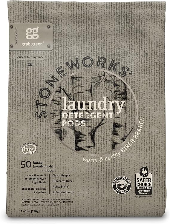 Grab Green Stoneworks Laundry Detergent Pods, 50 Loads, Birch Branch | EPA Safer Choice; Plant & Mineral-Based; Fights stains; Eliminates odors; Softens naturally; No Harsh Chemicals