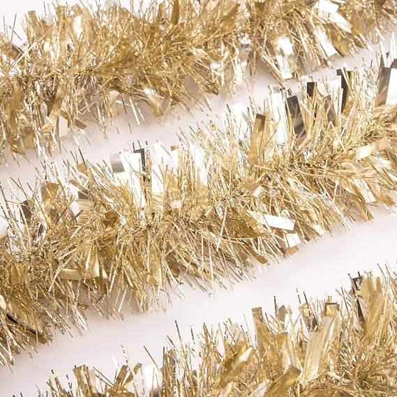 iPEGTOP 26.2ft Christmas Tinsel Garland, Classic Thick Shiny Sparkly Christmas Tree Ornaments Party Ceiling Hanging Decorations with Colorful Reflections Shiny Filament - Gold