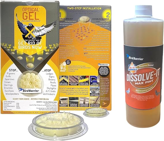 Bird Deterrent Bundle: Bird Barrier Optical Gel (24 Pack) & Dissolve-It Max Enzyme Cleaner (1 Pint) Comprehensive Solution for Deterring Birds