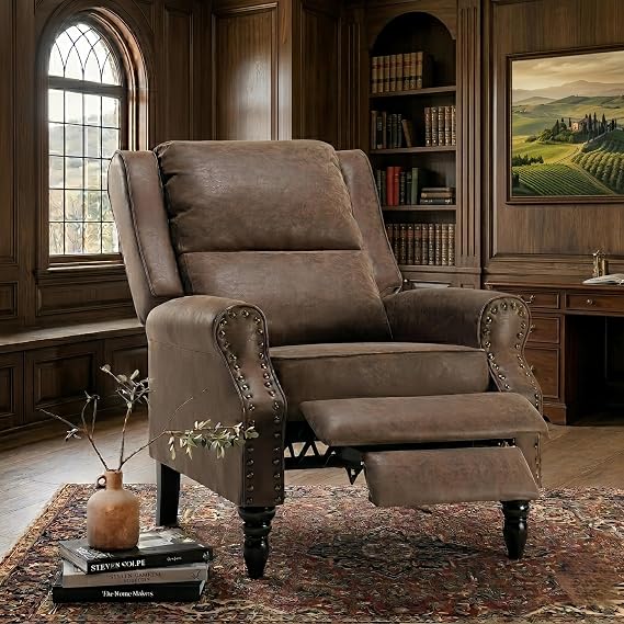 Leather Recliner Chair with Adjustable Backrest & Footrest, Brown