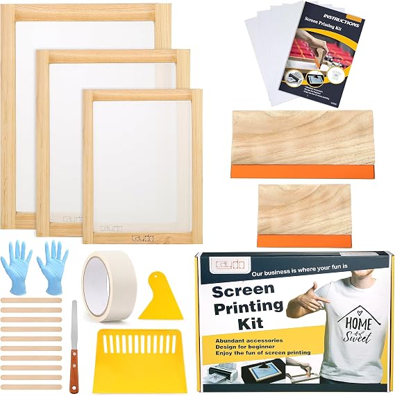 Caydo Screen Printing Starter Kit 23-Piece. Includes a wooden silk screen printing frame with mesh, screen printing squeegee, inkjet transparent film, ink knife, and three sizes of mask tape | Includes squeegee, inkjet clear film, ink knife, mask tape, 3 sizes, DIY screen printing supplies for beginners