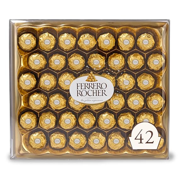 Ferrero Rocher Gourmet Hazelnut Milk Chocolate Gift Box, 42 Individually Wrapped Chocolates, 18.5 oz