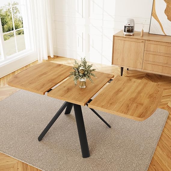 JIEXI Extendable Dining Table 4-6 Seater Kitchen Dinner Table 120-160cm Wood Effect Top, Black Metal Frame for Home Living Room