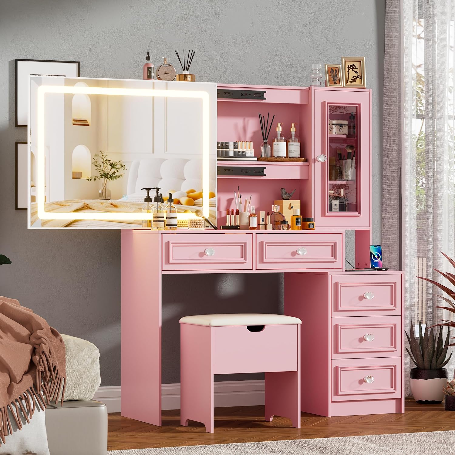 Vanity Desk with Mirror and Lights, Makeup Vanity Set with 5 Storage Drawers,Power Outlet,Small Dressing Table with Lights 3 Colors,Transparent Top Vanity with Jewelry Organizer for Bedroom,Pink