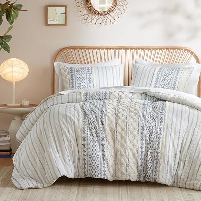 INKIVY 100% Cotton Duvet Mid Century Modern Design, All Season Comforter Cover Bedding Set, Matching Shams, FullQueen, Imani Chenille Navy