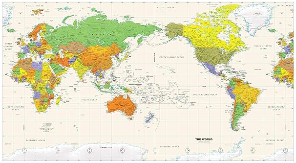 Pacific-Centered World Wall Map - 61" x 33.5" Laminated