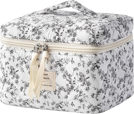 HBselect Large Quilted Makeup Bag for Women Cute Cotton Travel Cosmetic Bag
