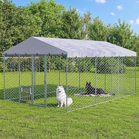Rovibek 10x15FT Outdoor Dog Kennel, Dog Kennel Outsid with Bowls & Roof