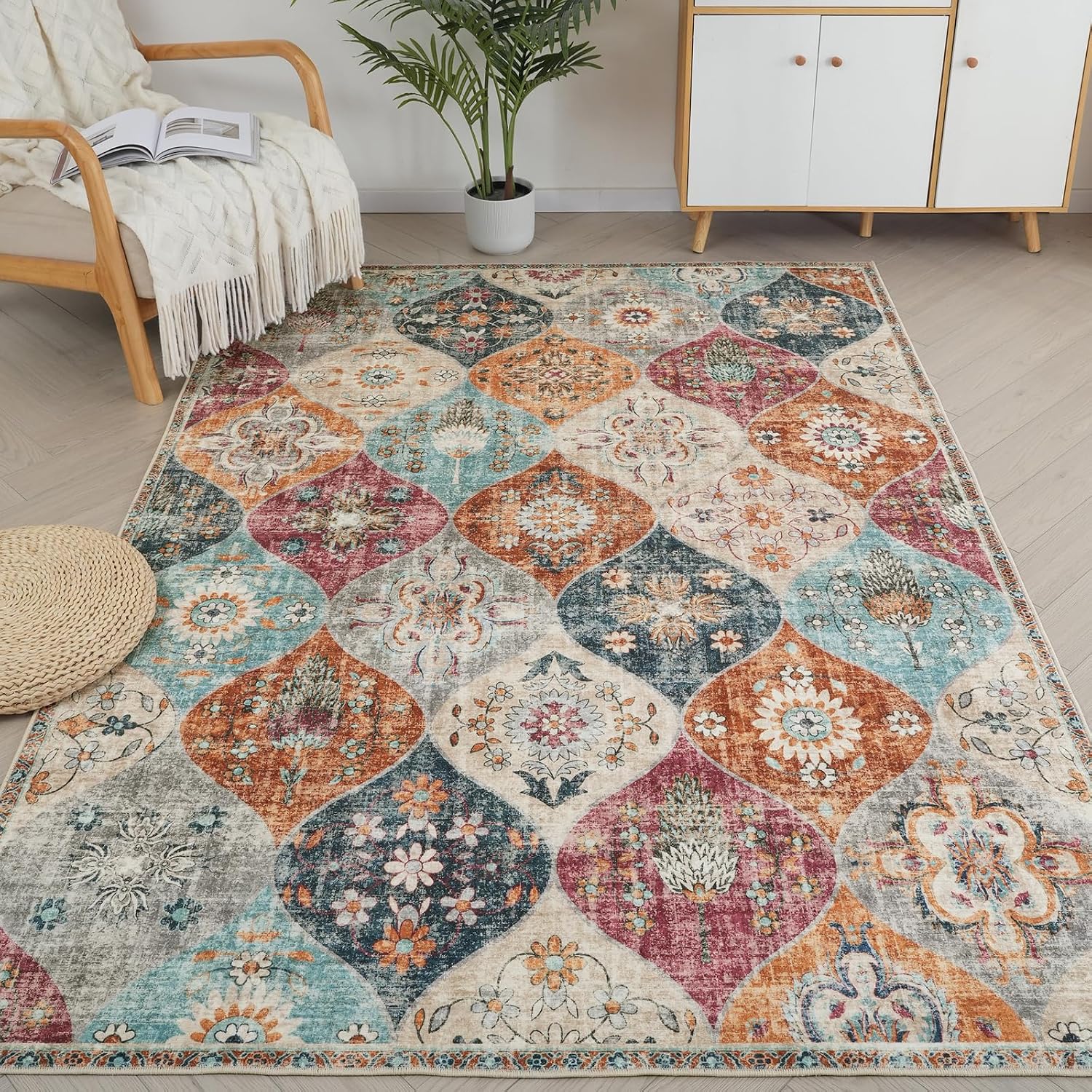 Vintage Moroccan Area Rug, 6x9 Inch Washable Living Room Rugs, Non-Slip Retro Floral Teppich Large Oriental Throw Carpets Indoor Nursery Bedroom Office Carpet