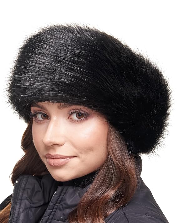 Futrzane Classic Headband - Faux Fur Headbands for Women - Furry Band for Winter - Size XL (Black Classic)