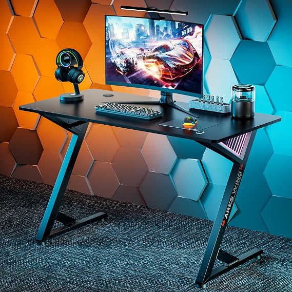 ARES Wing Gaming Desk RGB 47 Inch - Z Shaped Gaming Table with LED Light and DIY Control Cable, Computer Desks for Home and Office, Black