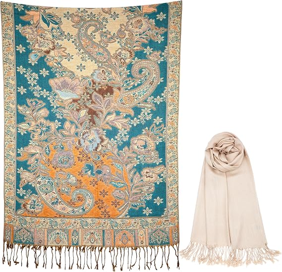 Achillea 2 Pack Solid Cream Shawl and Teal Dark Amber Floral Shawl Bundle