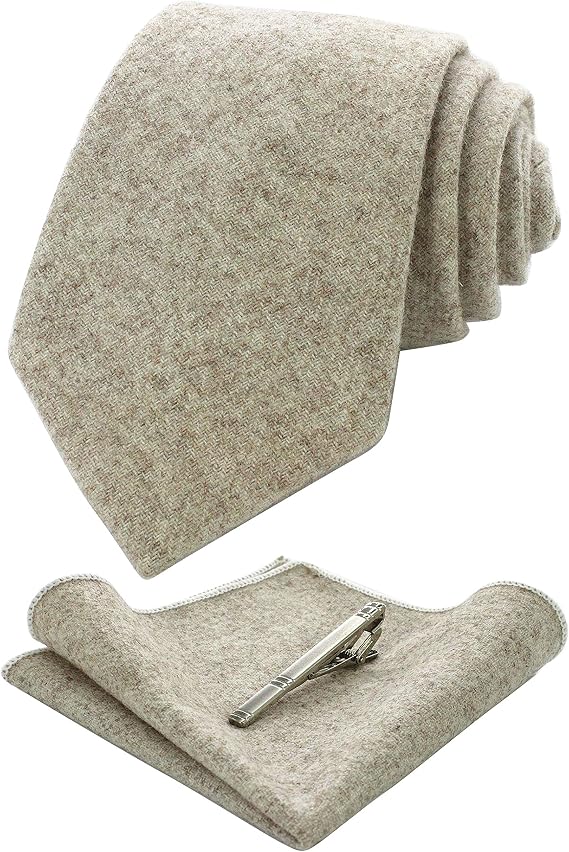 JEMYGINS Solid Color Cotton Cashmere Necktie and Pocket Square Tie Clip Sets for Men