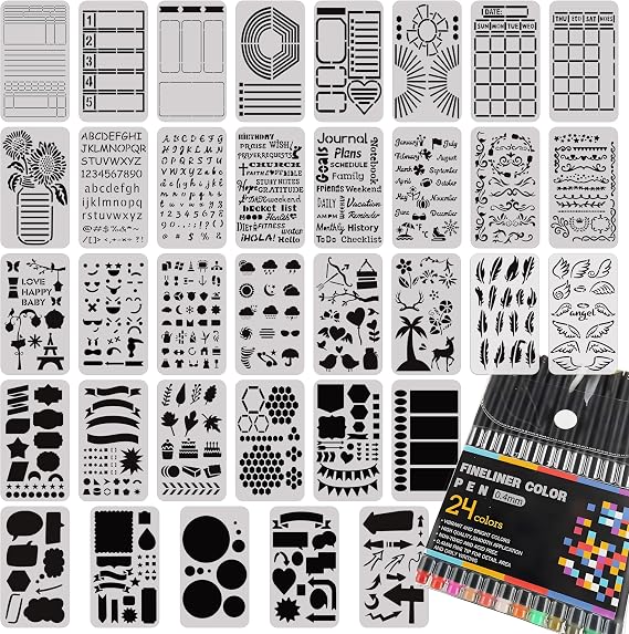 Journal Stencils 35 Pcs Set, Journal Planner Colored Pens 24 Pcs Set, Reusable Plastic Templates for Planners, Calendars, Notebooks, Daily Weekly Monthly Layouts, Letters, Numbers, Decorative Designs