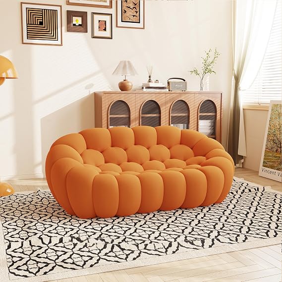 Modern Loveseat Sofa, 74.'' Bubble Couch Lazy Floor Sofa, 2 Seater Comfy Love Seat Floor Sofa with 3D Textile Material, Luxury Mesh Fabrir Sofas for Living Room, Apartment, Orange