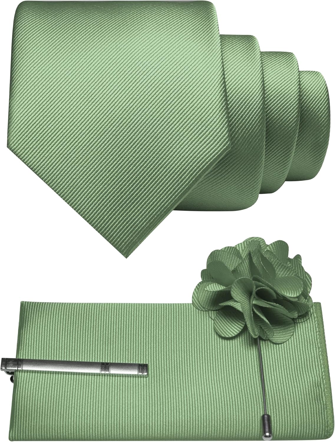 Formal Necktie Solid Color Tie and Pocket Square with Tie Clip Lapel Pin Sets for Men 4PCS