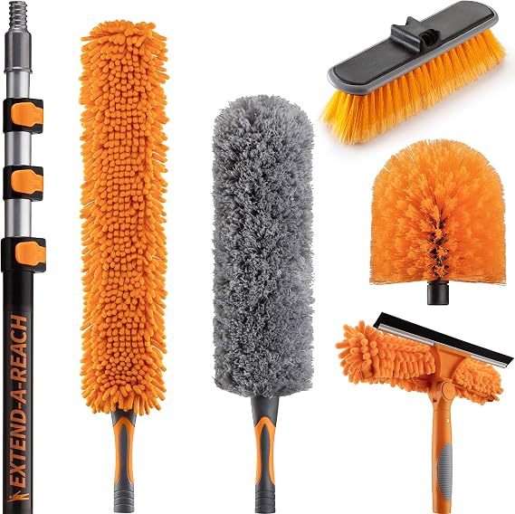 20 Foot High Reach Duster Kit with 4-12 ft Extension Pole and Medium Bristle Deck Scrub Brush Composite Deck Brush Head & Vinyl Siding Boat Scrub Brush