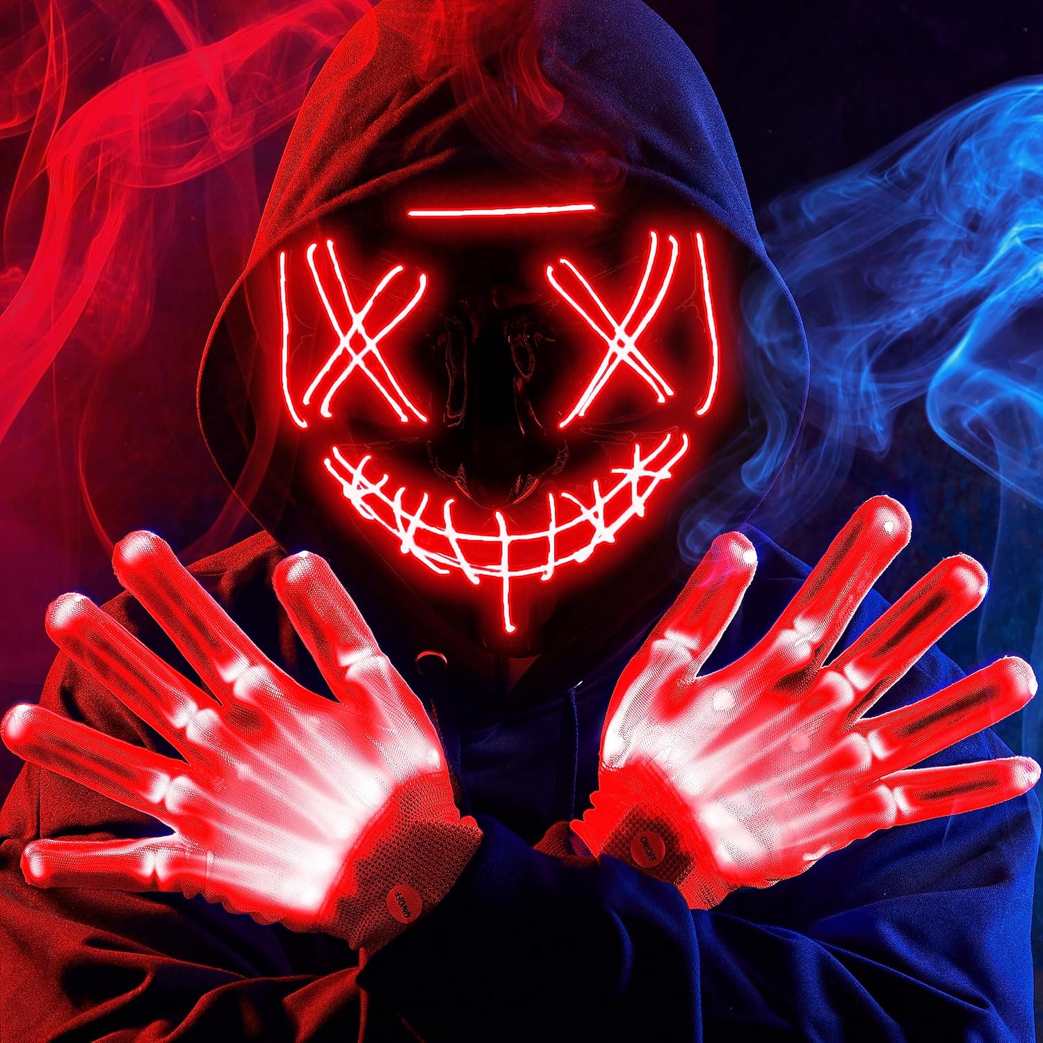 JOYIN Halloween Led Mask, Light Up Mask and Gloves for Cosplay Costume Purple, 3 Modes Scary Glow in The Dark Masks for Boys Girls Halloween Party Dress Up Accessories, Gifts Giving