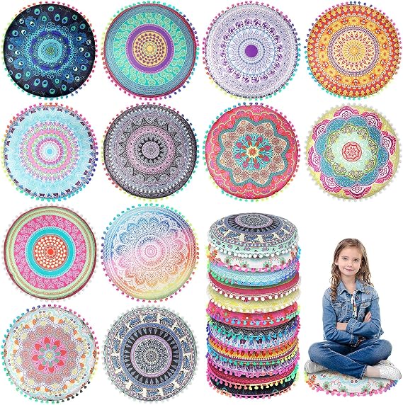Ganeen 12 Pcs Floor Cushions 16" Boho Kids Seating Classroom, Round