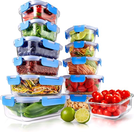 24-Piece Glass Food Storage Containers - Stackable Superior Glass Meal-prep Containers w/Newly Innovated Hinged BPA-Free 100% Leakproof Locking Lids - Freezer-to-Oven-Safe - NutriChef NCGLBU.5 (Blue)