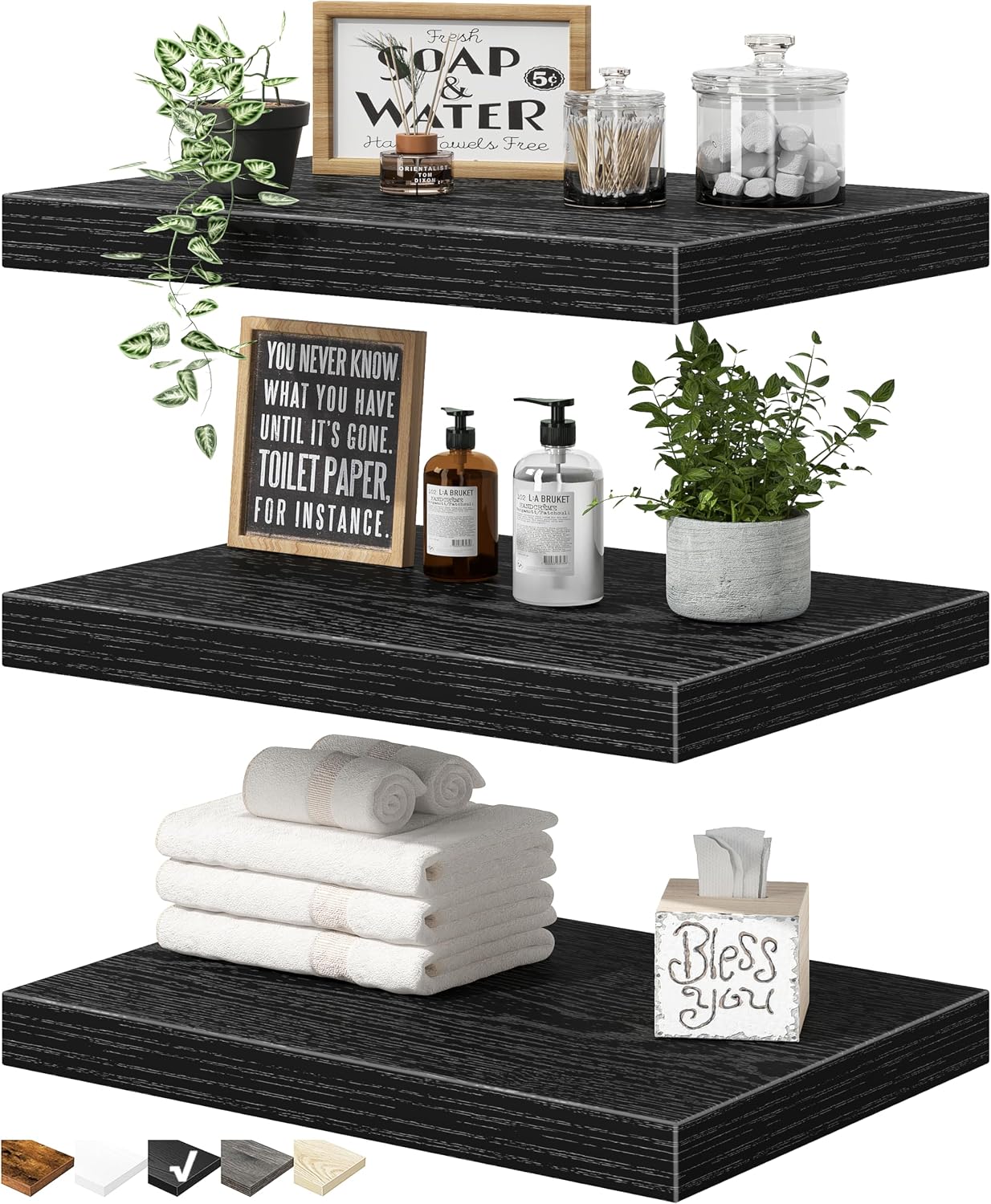 QEEIG 10" Deep Floating Shelves for Wall - Book Shelf Bathroom Bedroom Kitchen Living Room Hanging Bookshelf Farmhouse 10 x 16 inch Set of 3, Black 025-B3