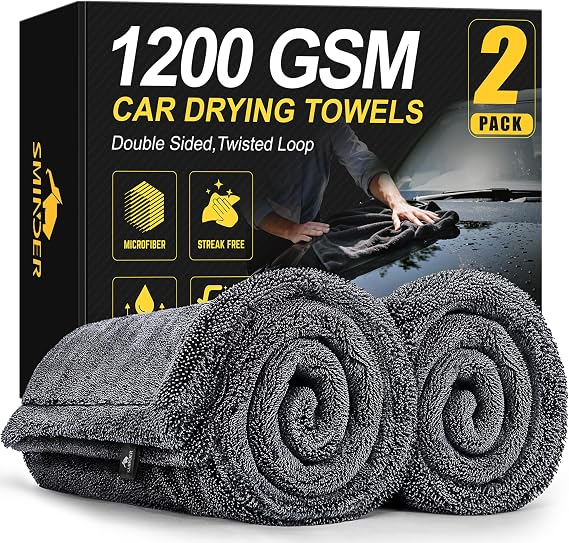 SMINDER 2-Pack 1200 GSM Car Drying Towels Microfiber Towels for Cars (36" x 24"), Ultra-Absorbent, Streak-Free, Scratch-Free, No Water Spots, Double-Twist Pile & Edgeless Design