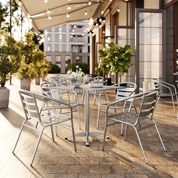 BizChair 31.5" Square Aluminum Table Set with 4 Slat Back Chairs