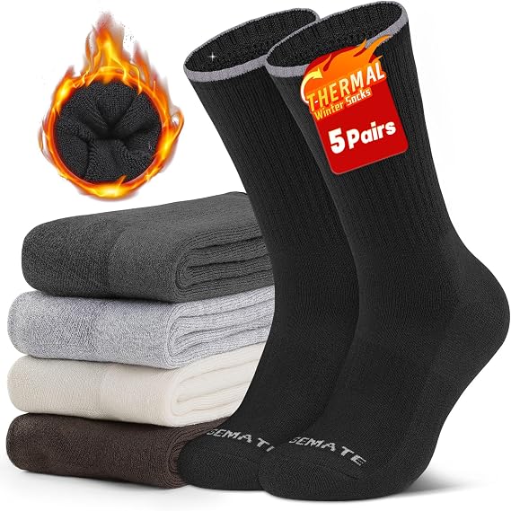 CLOSEMATE Mens Thermal Winter Crew Socks for Boots Thick Warm 5 Pairs | Soft cushioned boot socks with cozy comfort for hiking, work &outdoor