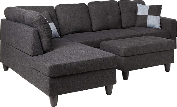 Beverly Fine Furniture Right Facing Linen Russes Sectional Sofa Set With Ottoman, Dark Grey