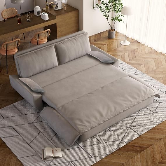 70.1" Queen Pull Out Sofa Bed 3-in-1 Convertible Sleeper Sofa with 2 Soft Pillows Multi-Functional Velvet Loveseat Lounge Folding Sofa Couch Bed for Living Room Guest Room Small Space Furniture Grey