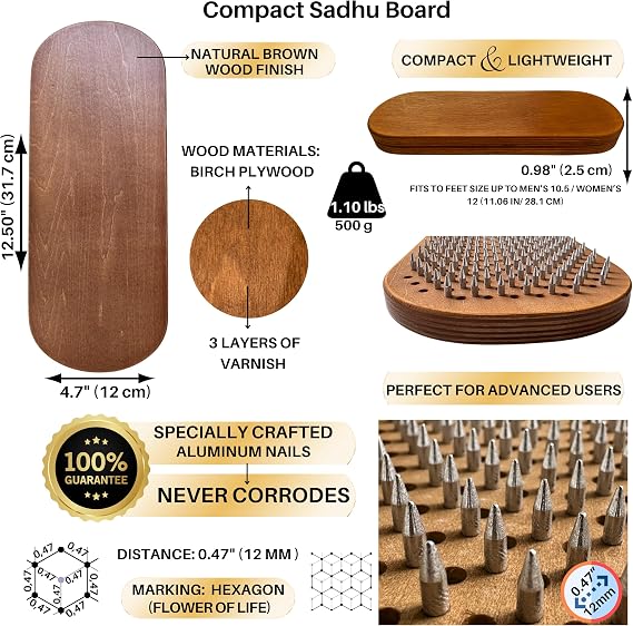 TENGRY Sadhu Board, Special Aluminum Nails, 0,47 In (12 mm), for Advanced, Light Compact Foot Board, Wooden Nail Boards for Feet, Nail Board, Yoga Gift