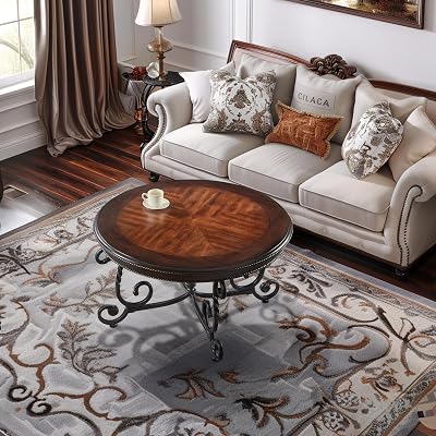 Gexpusm Round Wood Coffee Table, Circle Rustic Coffee Table for Living Room, Wooden Mid Century Coffee Tables with Metal Frame and Wood Desktop, Easy Assembly Round Coffee Table
