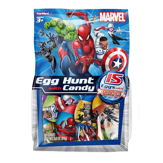 Frankford Marvel Avengers Pre-filled Plastic Egg Easter Basket Stuffers with Smarties Candy, 15 Count