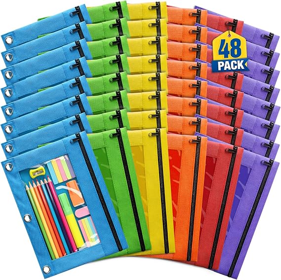 Pencil Pouch for 3 Ring Binder, Bulk Pencil Pouches with Zipper, 48 Pack
