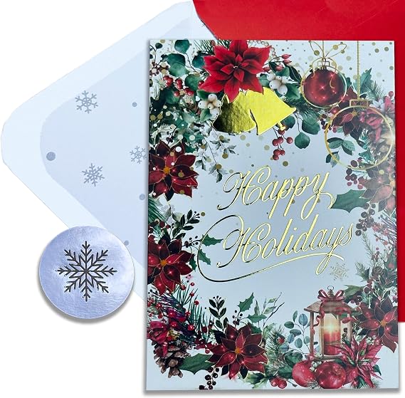 Elegant Happy Holidays Cards - 14 Premium Boxed Christmas Greeting Cards with 3D Embossed Gold Foil, Thick Premium Paper, Red Envelopes with Silver Snowflake Lining, and Durable Silver Foil Stickers - 4x6 Holiday Card Set by Run2Print