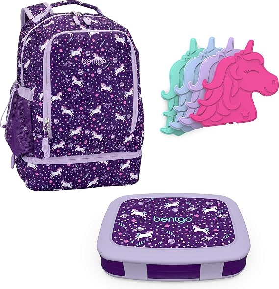 Bentgo 2-in-1 Backpack & Insulated Lunch Bag Set With Kids Prints Lunch Box and 4 Reusable Ice Packs (Unicorn)