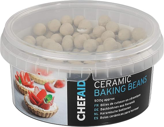 Chef Aid Reusable Ceramic Baking Beans and Blind Weights in Storage tub, Oven Beads Prevent Pastry Shrinkage, Blind Bake Quiche, Pies, and Tarts, Heat Resistant, Approx 500 g.
