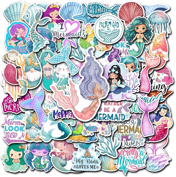 Pack 50 PCS Mermaid Stickers Waterproof Vinyl Decals Cute Decorative Accessories Bumper Car Water Bottles Laptop Bike Bicycle Skateboard Notebooks Luggages for Kids Adults