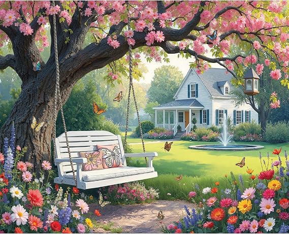White Mountain 1000 Piece Jigsaw Puzzle Spring Garden, Under Pink Blooms